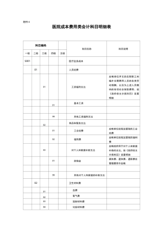 医院成本费用类会计科目明细表