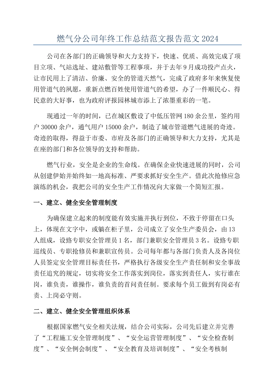 燃气分公司年终工作总结范文报告范文2024_第1页