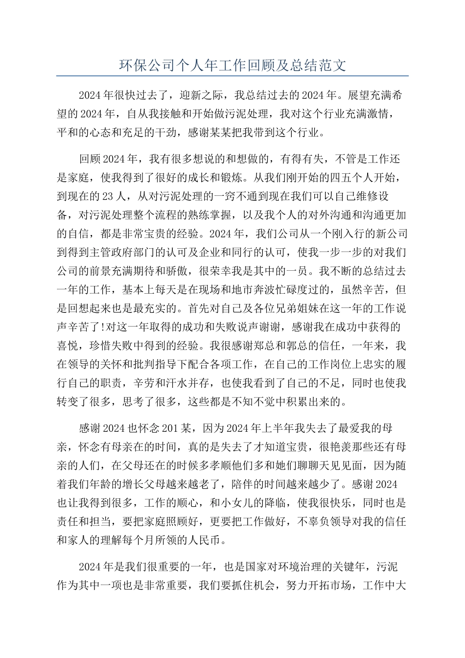 环保公司个人年工作回顾及总结范文_第1页