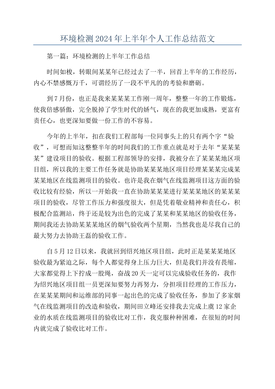 环境检测2024年上半年个人工作总结范文_第1页