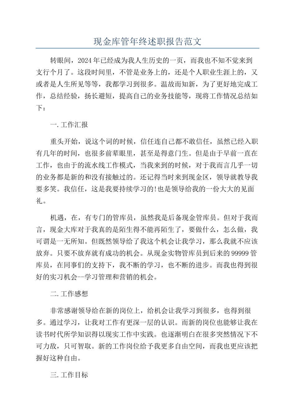 现金库管年终述职报告范文_第1页