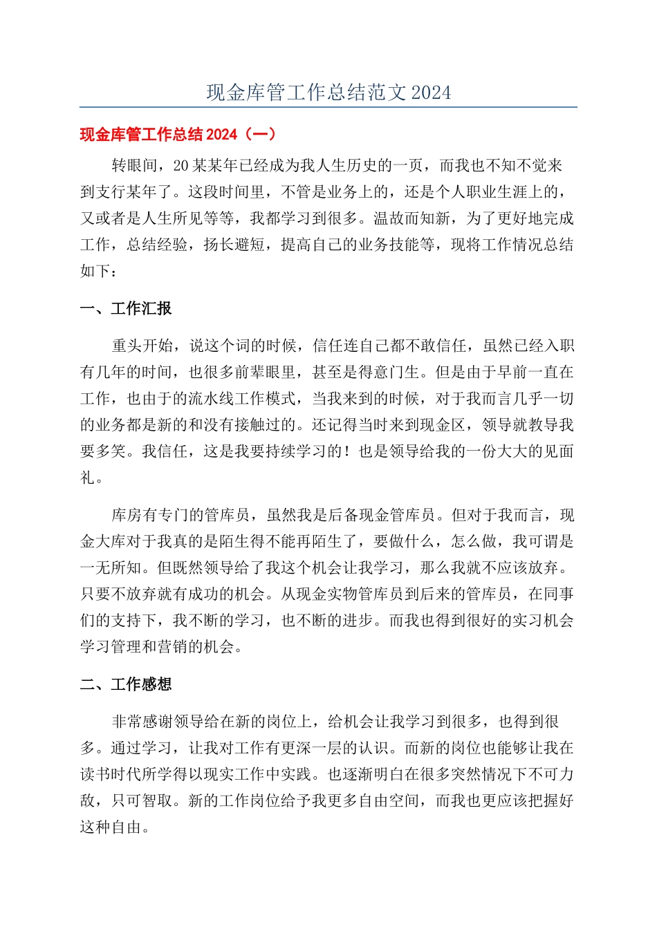 现金库管工作总结范文2024_第1页