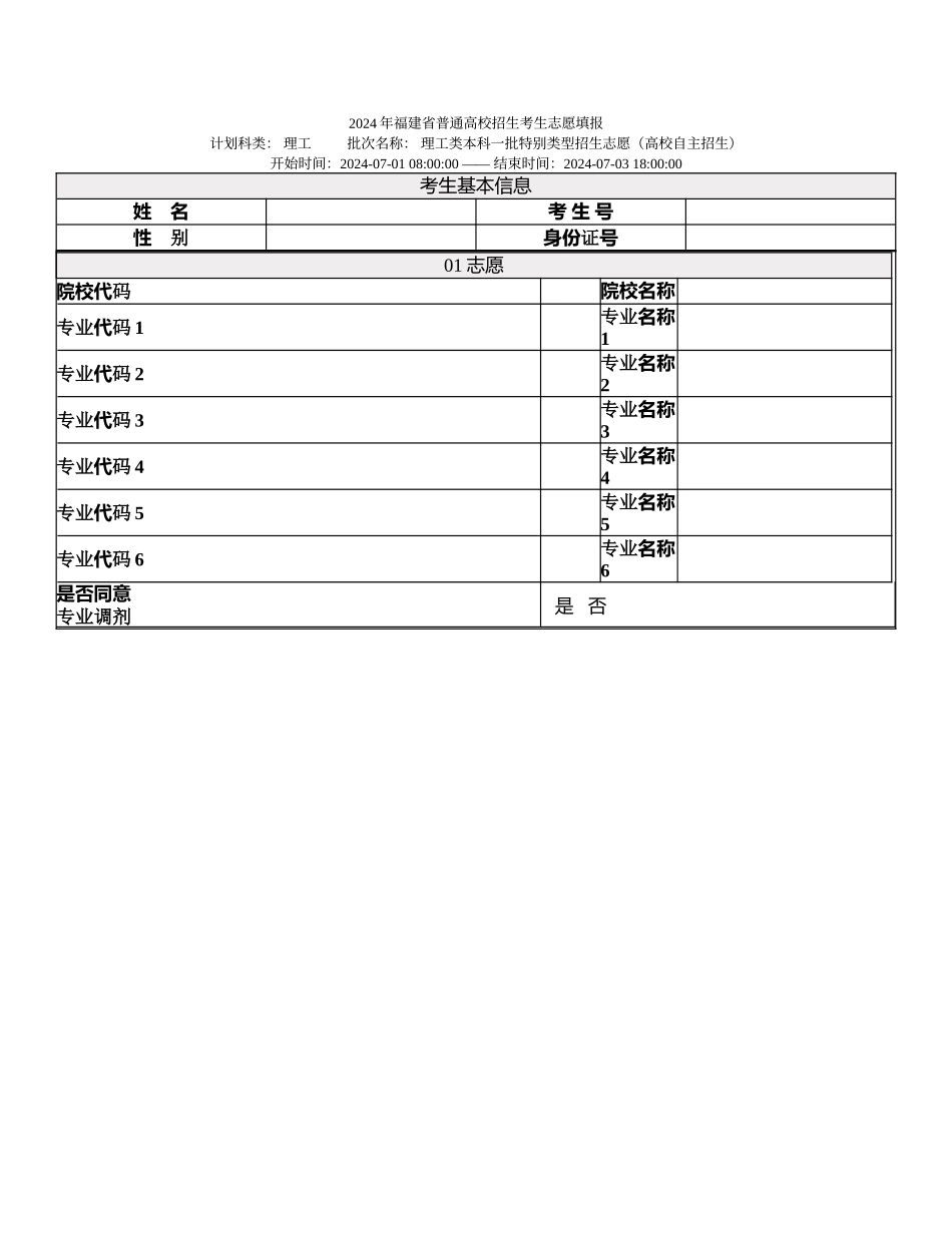 理工类本科一批特殊类型招生志愿(高校自主招生)_第1页