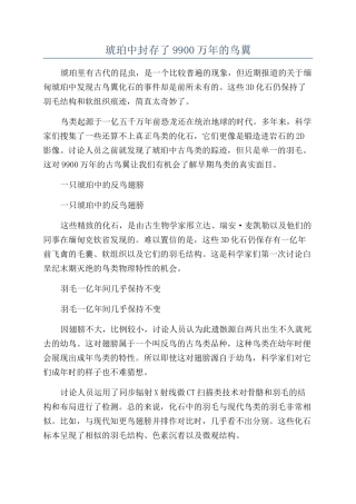 琥珀中封存了9900万年的鸟翼