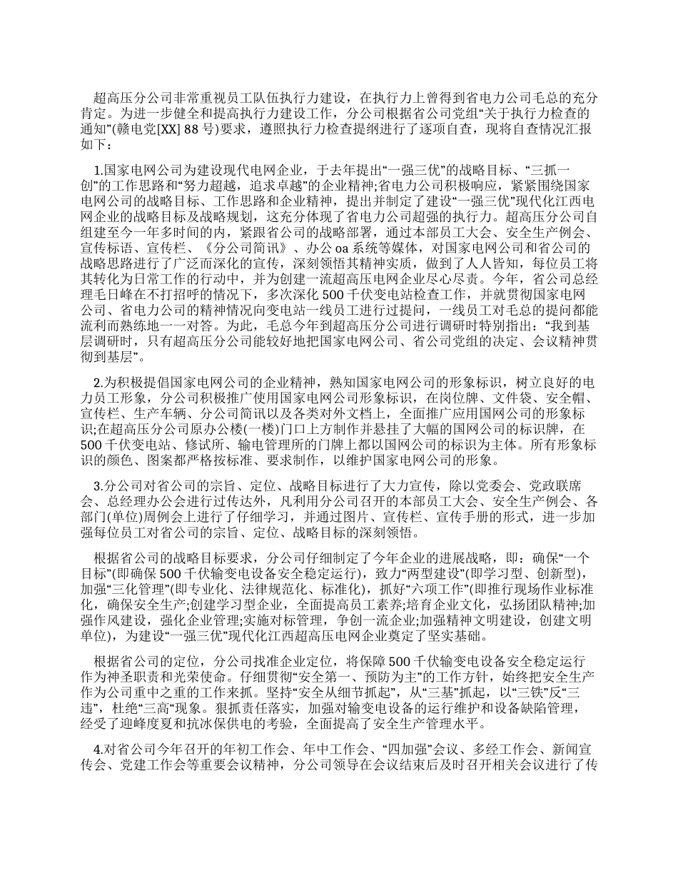 电力公司执行力情况自查报告_第1页