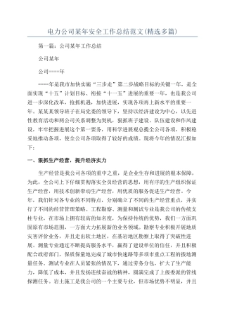 电力公司某年安全工作总结范文