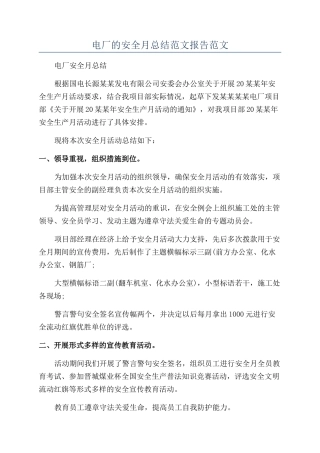 电厂的安全月总结范文报告范文