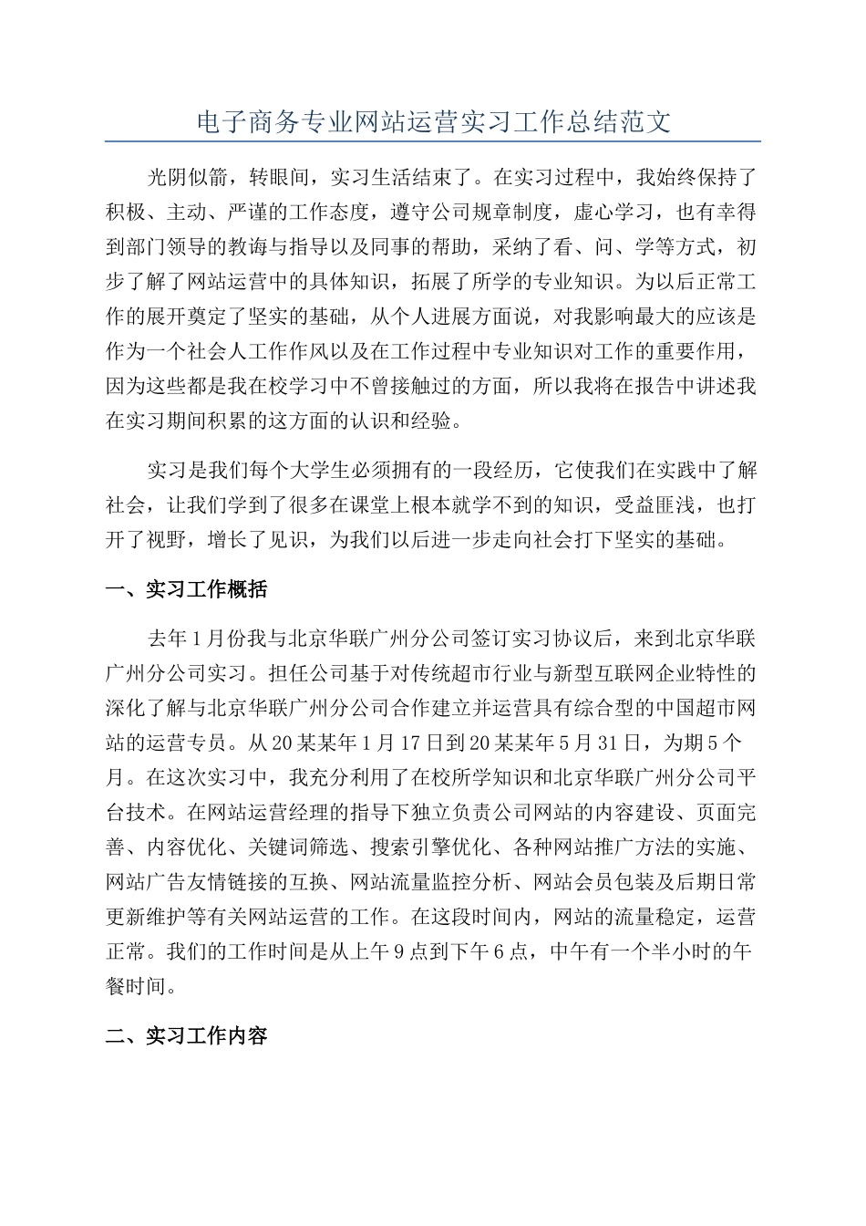 电子商务专业网站运营实习工作总结范文_第1页