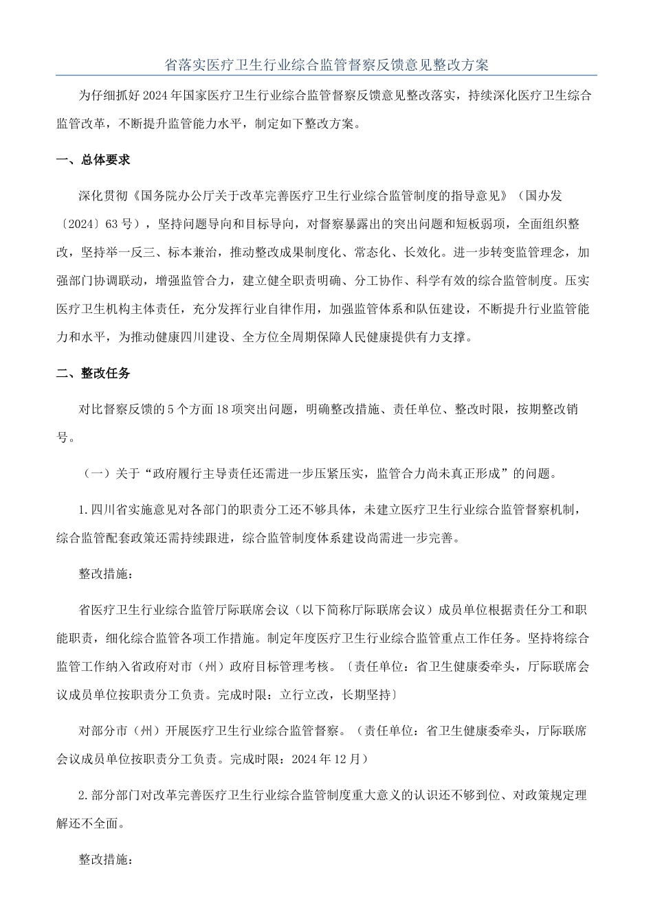 省落实医疗卫生行业综合监管督察反馈意见整改方案_第1页