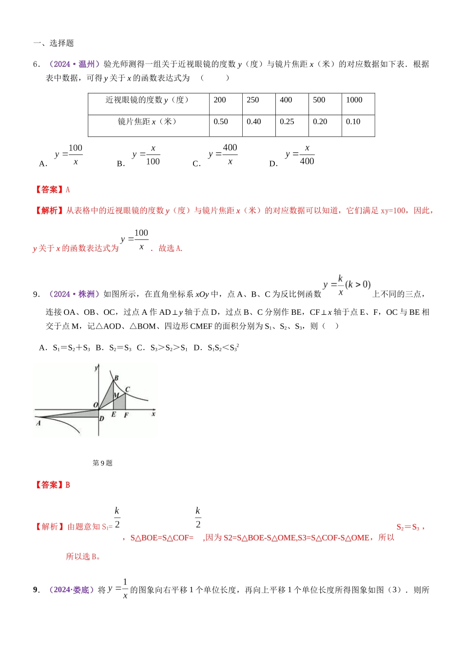 知识点16-反比例函数图象、性质及其应用2024_第1页