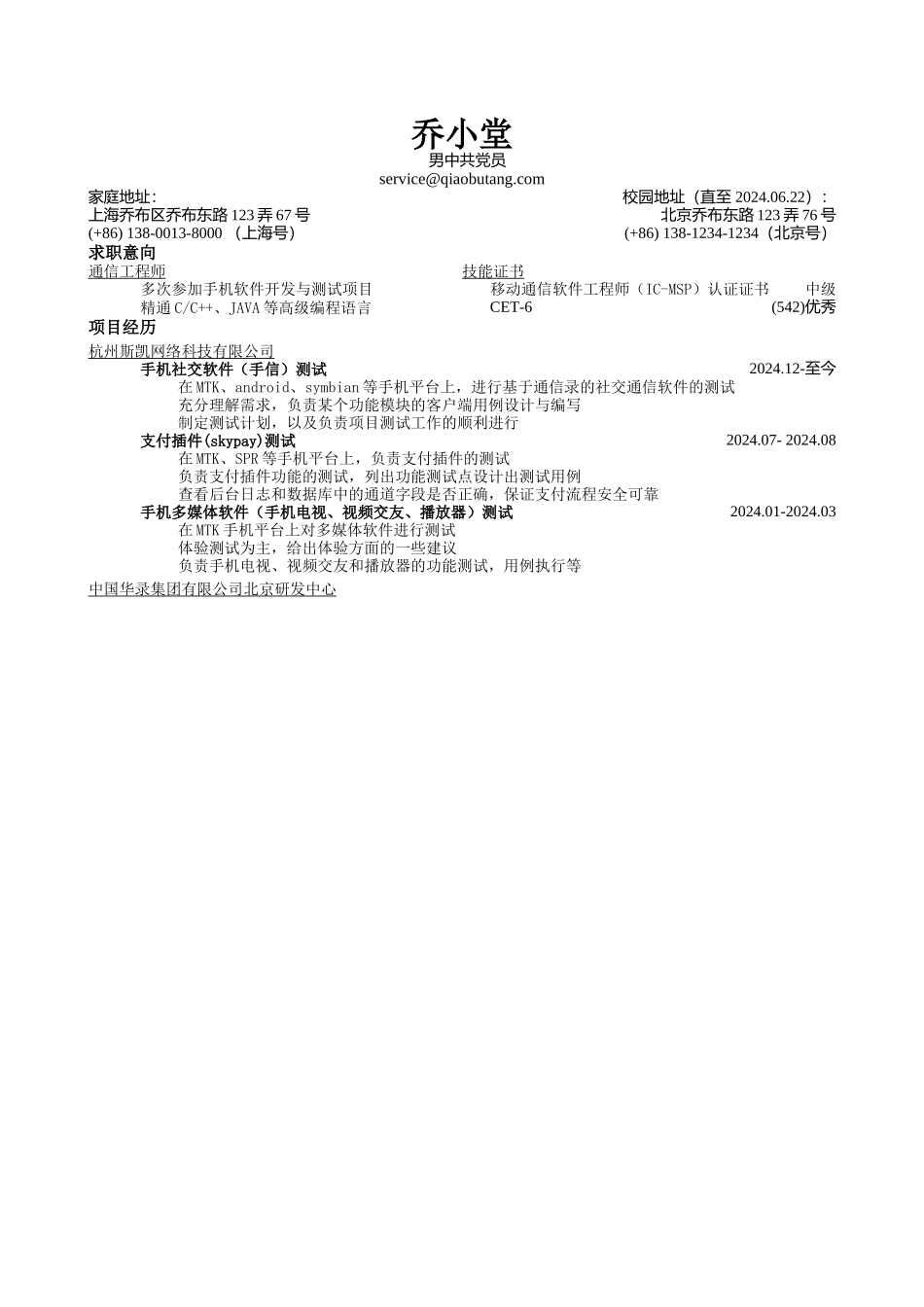 突出项目经历的简历模板_第1页