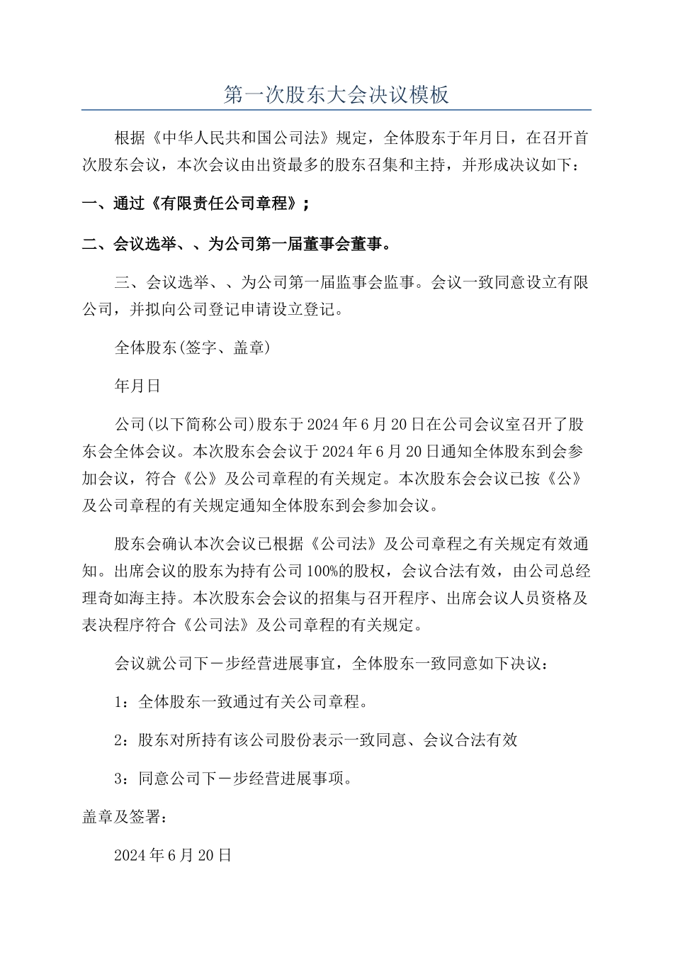 第一次股东大会决议模板_第1页