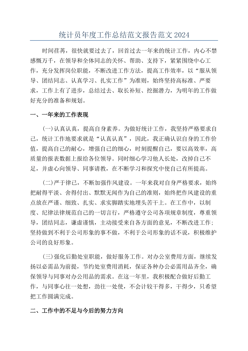 统计员年度工作总结范文报告范文2024_第1页