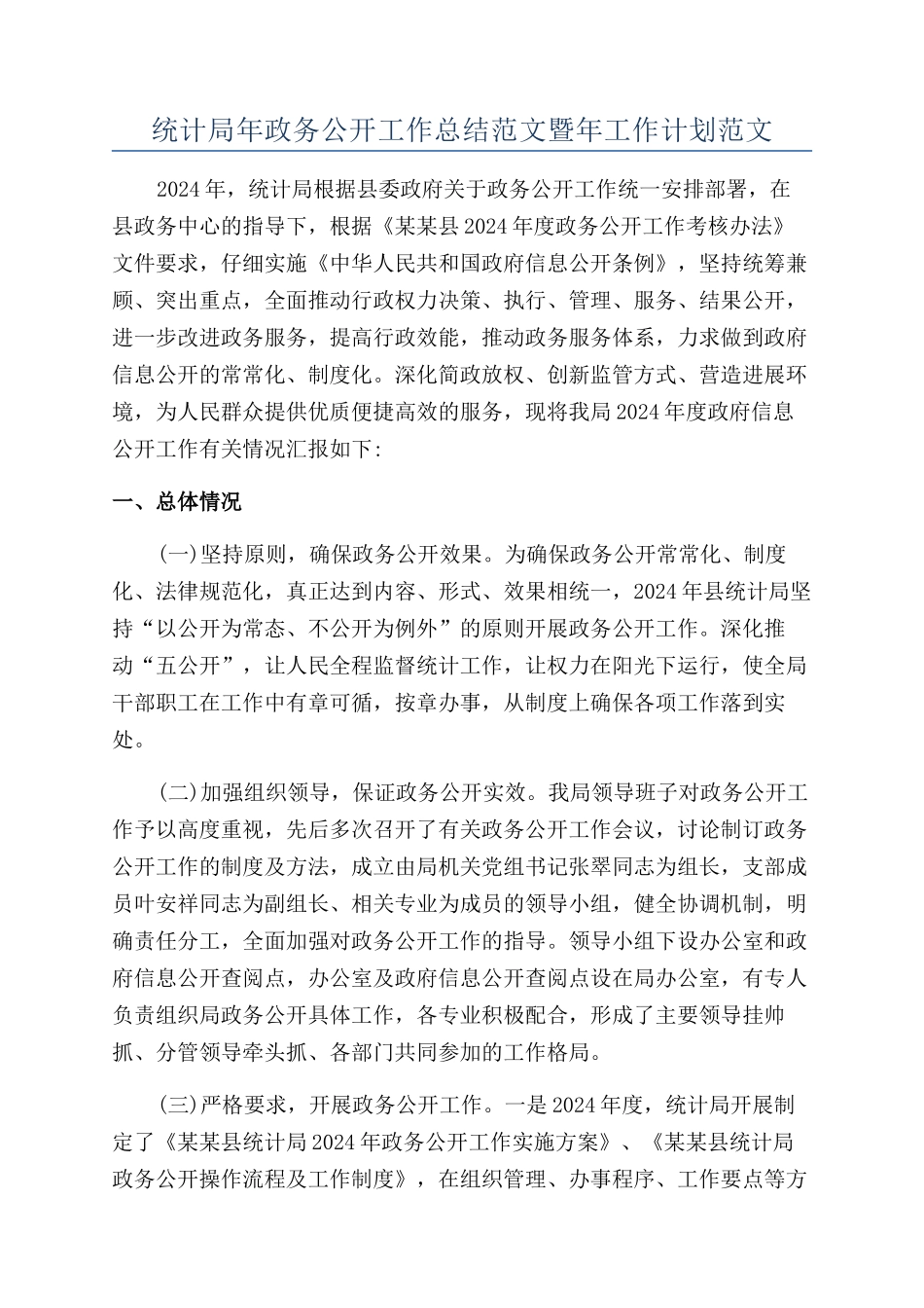 统计局年政务公开工作总结范文暨年工作计划范文_第1页