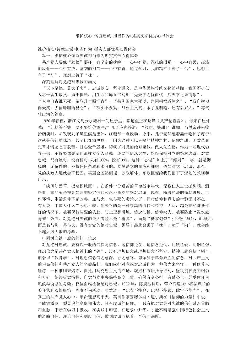 维护核心铸就忠诚担当作为抓实支部优秀心得体会_第1页