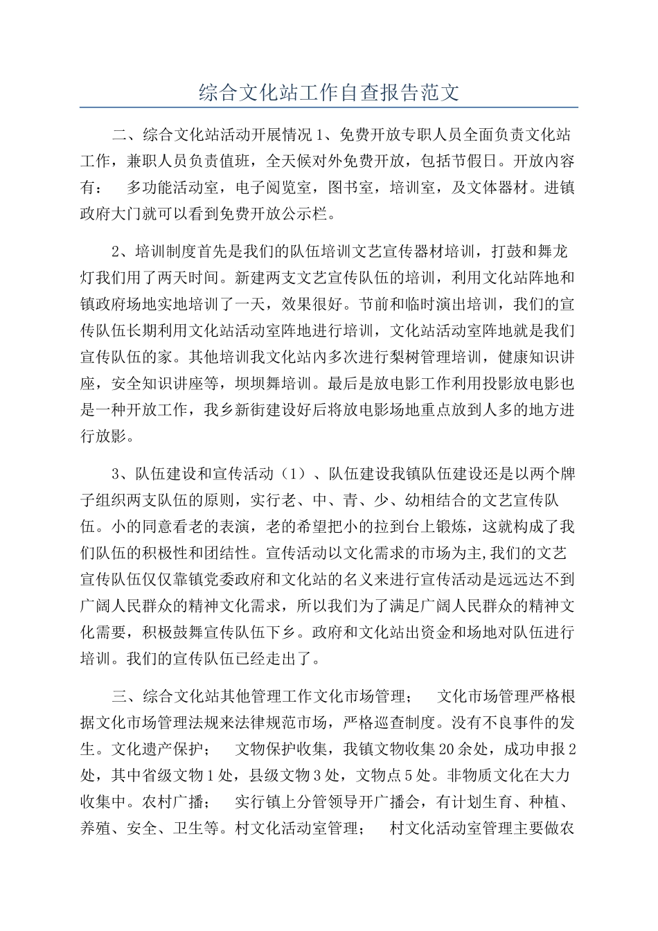 综合文化站工作自查报告范文_第1页