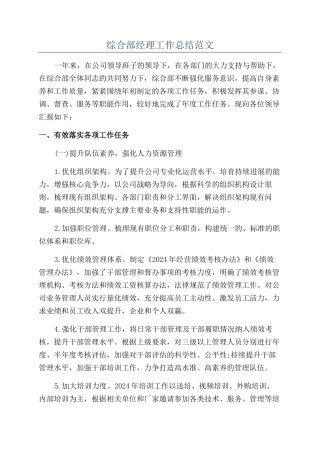 综合部经理工作总结范文