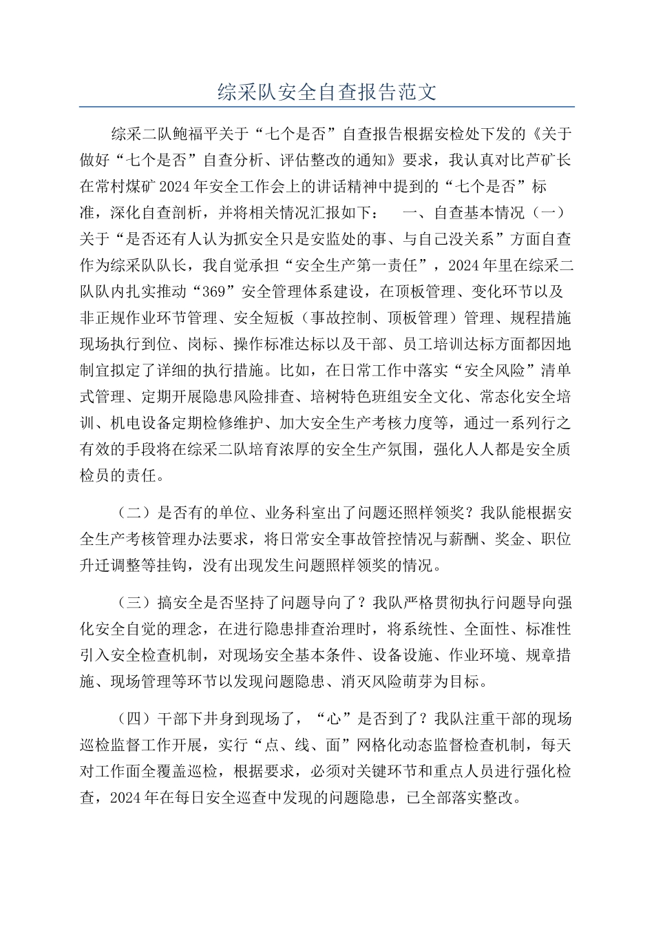 综采队安全自查报告范文_第1页