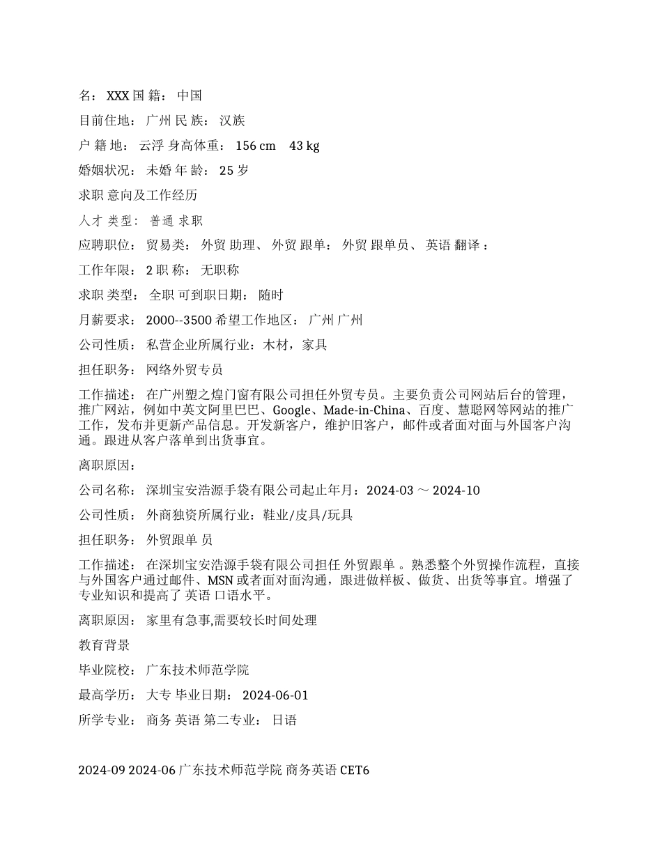 网络外贸专员个人简历范文_第1页