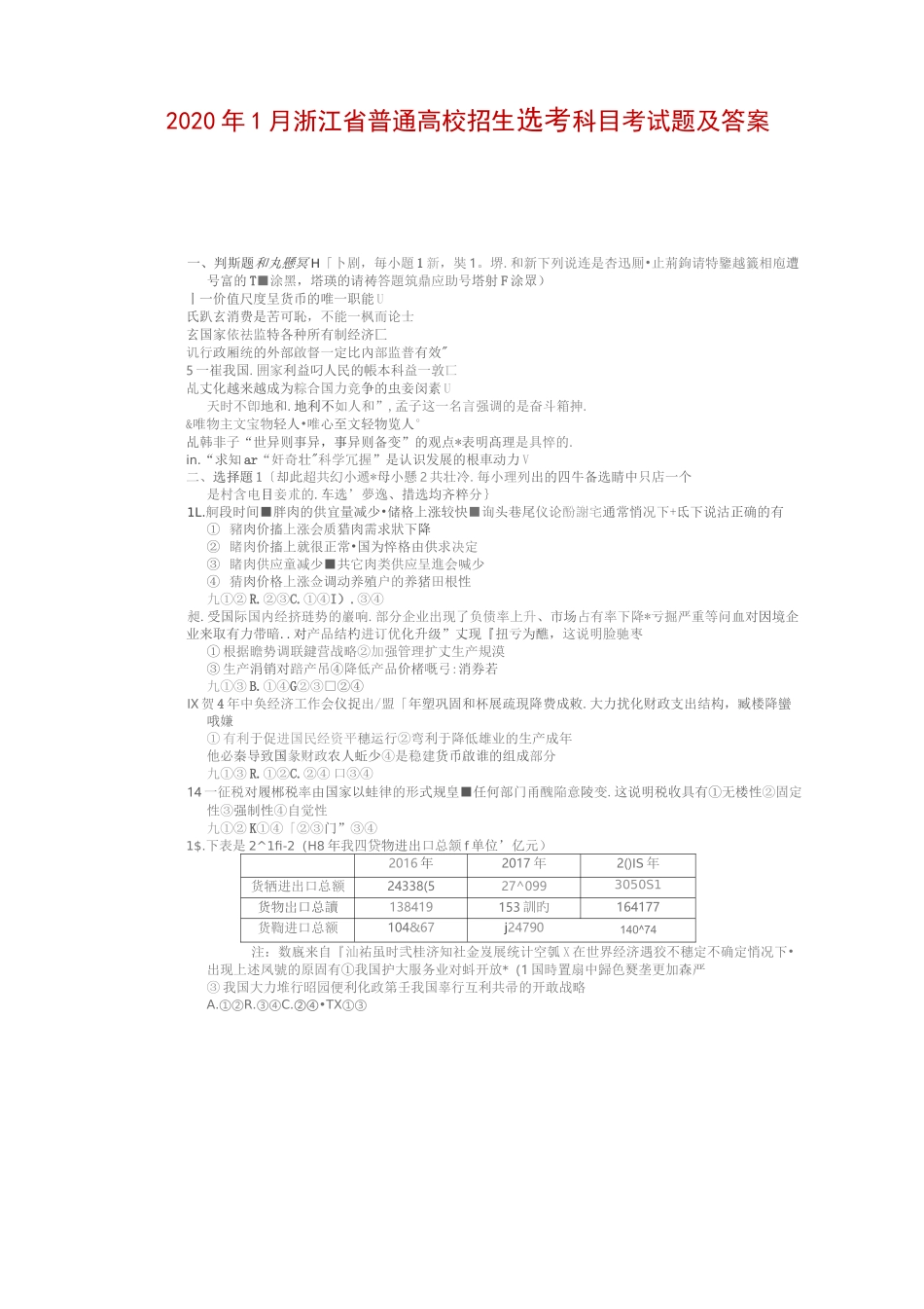 2020年1月浙江省普通高校招生选考科目考试题及答案——政治 (图片版)_第1页
