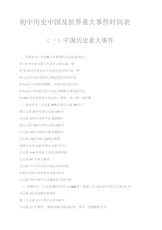 初中历史中国及世界重大事件时间表