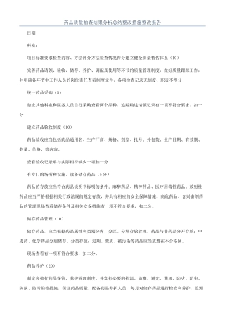 药品质量抽查结果分析总结整改措施整改报告
