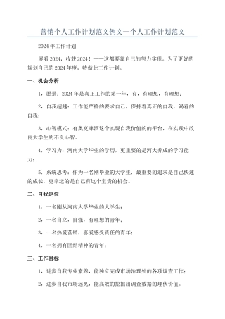 营销个人工作计划范文例文—个人工作计划范文