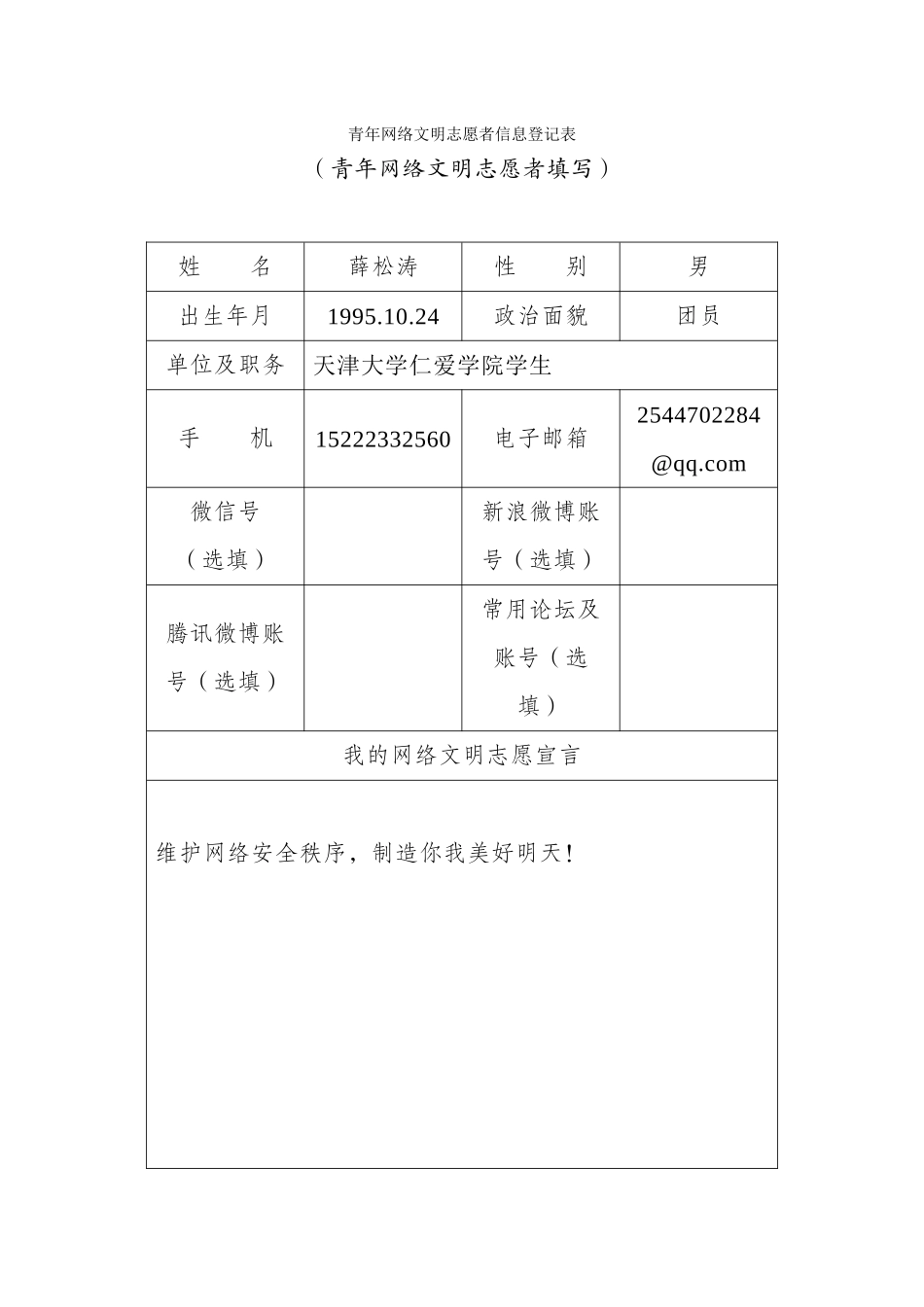 薛松涛青年网络文明志愿者信息登记表_第1页