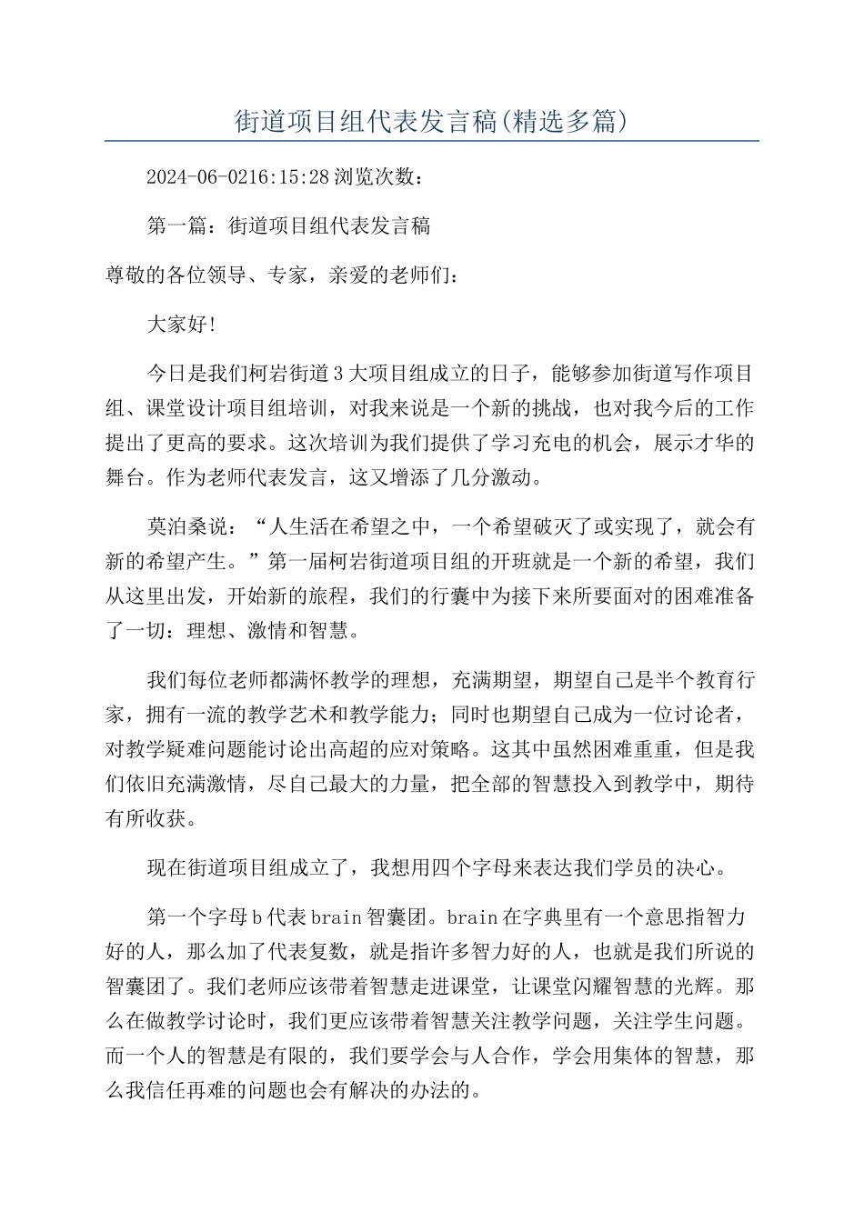 街道项目组代表发言稿_第1页