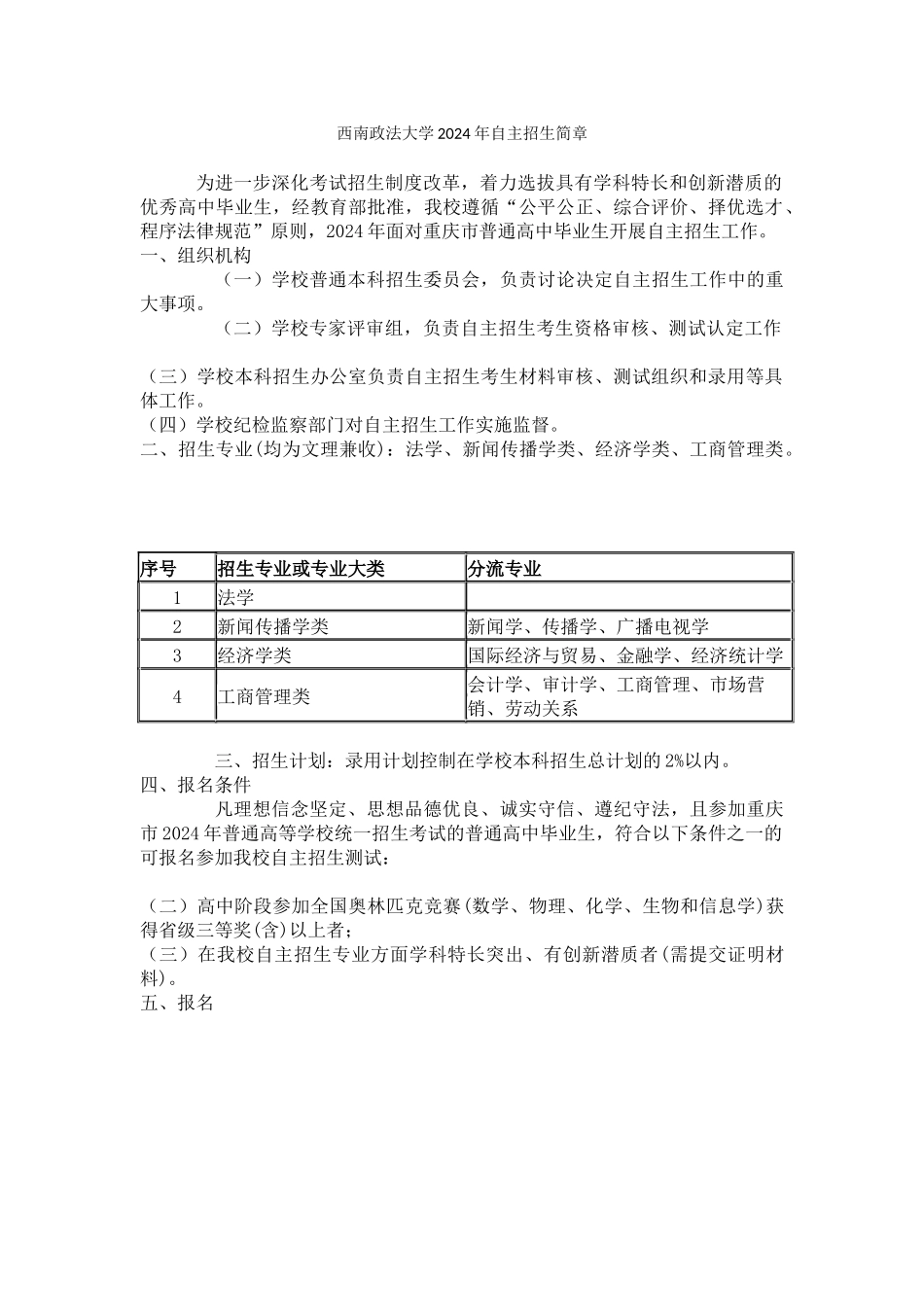 西南政法大学2024年自主招生简章_第1页
