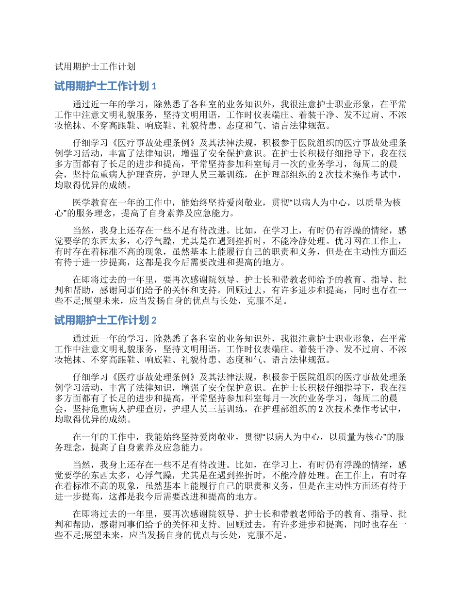 试用期护士工作计划_第1页