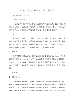 财务人员试用期个人工作总结范文