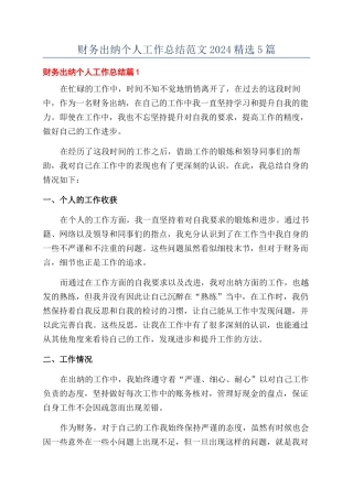 财务出纳个人工作总结范文2024精选5篇