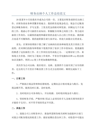 财务出纳个人工作总结范文