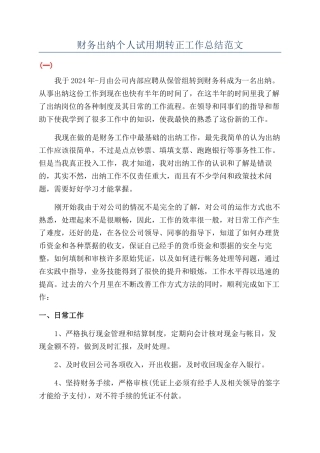 财务出纳个人试用期转正工作总结范文