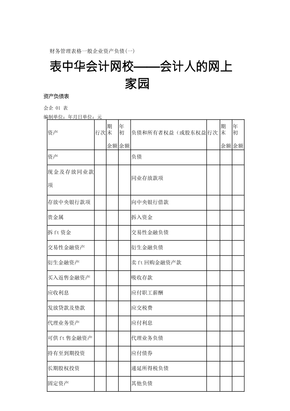 财务管理表格一般企业资产负债表中华会计网校——会计人的网上家园_第1页