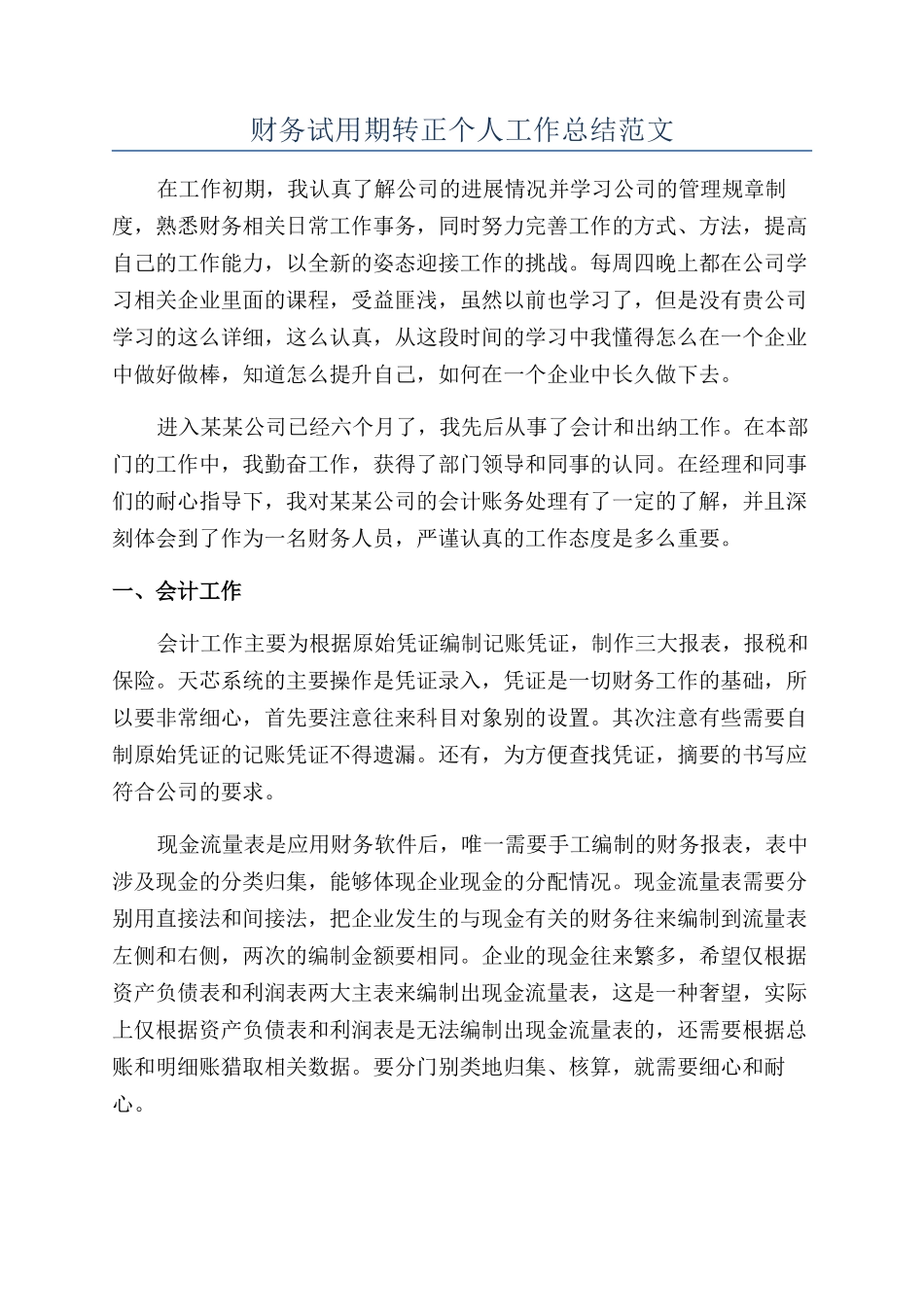 财务试用期转正个人工作总结范文_第1页