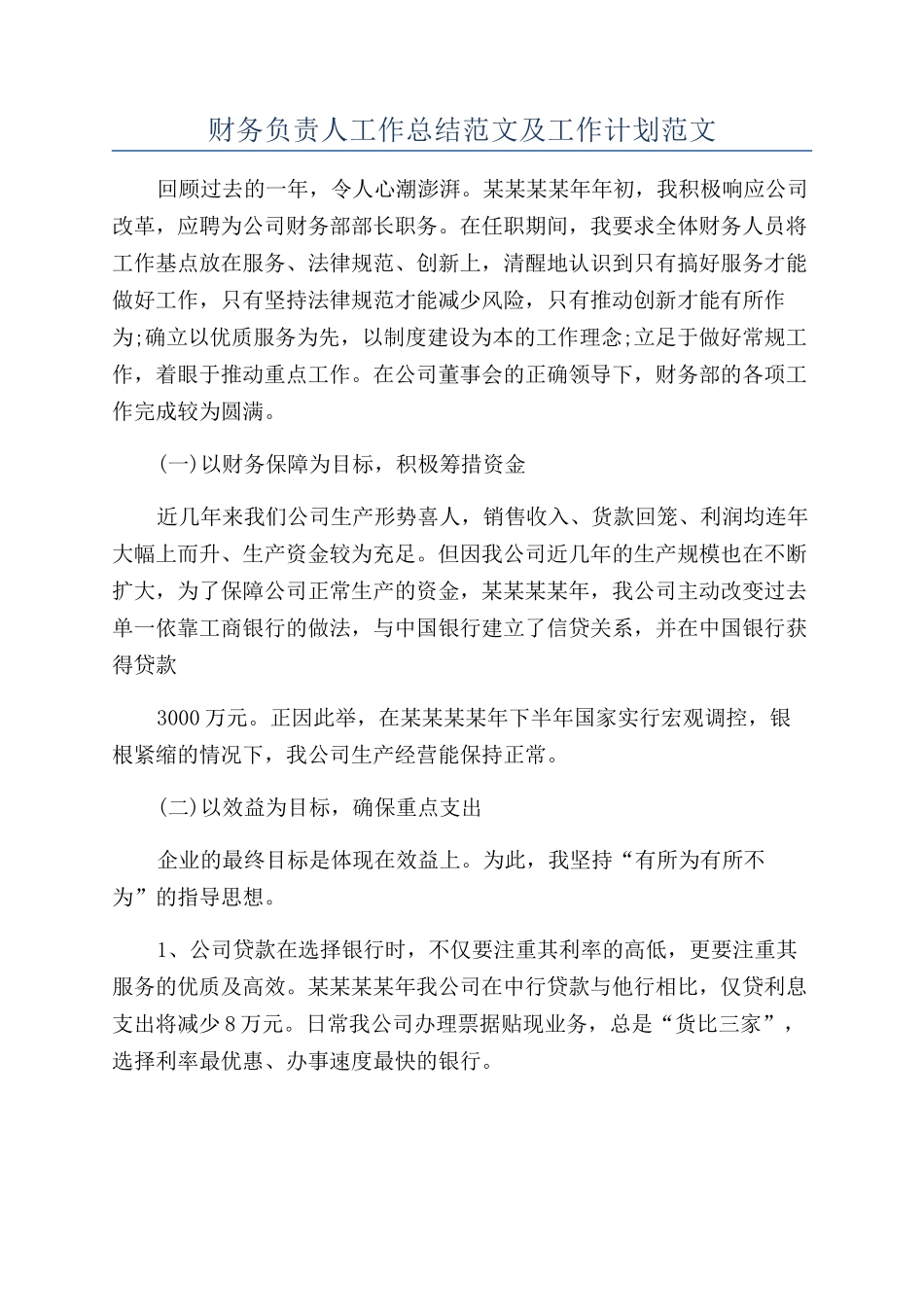 财务负责人工作总结范文及工作计划范文_第1页