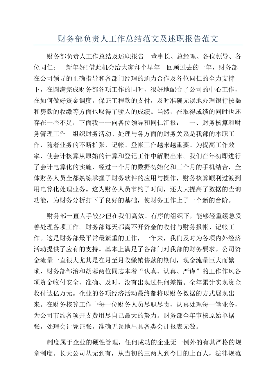 财务部负责人工作总结范文及述职报告范文_第1页