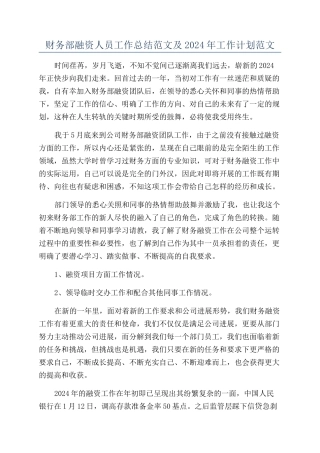 财务部融资人员工作总结范文及2024年工作计划范文