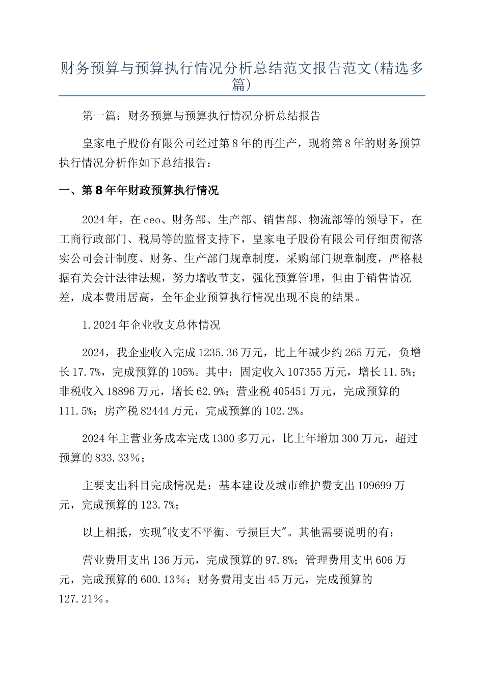 财务预算与预算执行情况分析总结范文报告范文_第1页