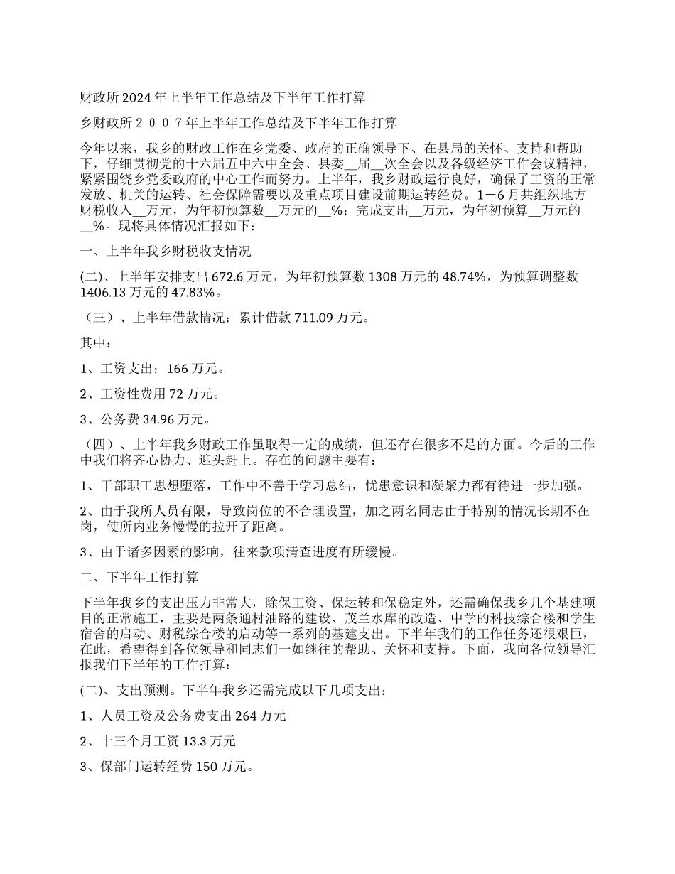 财政所2024年上半年工作总结及下半年工作打算_第1页