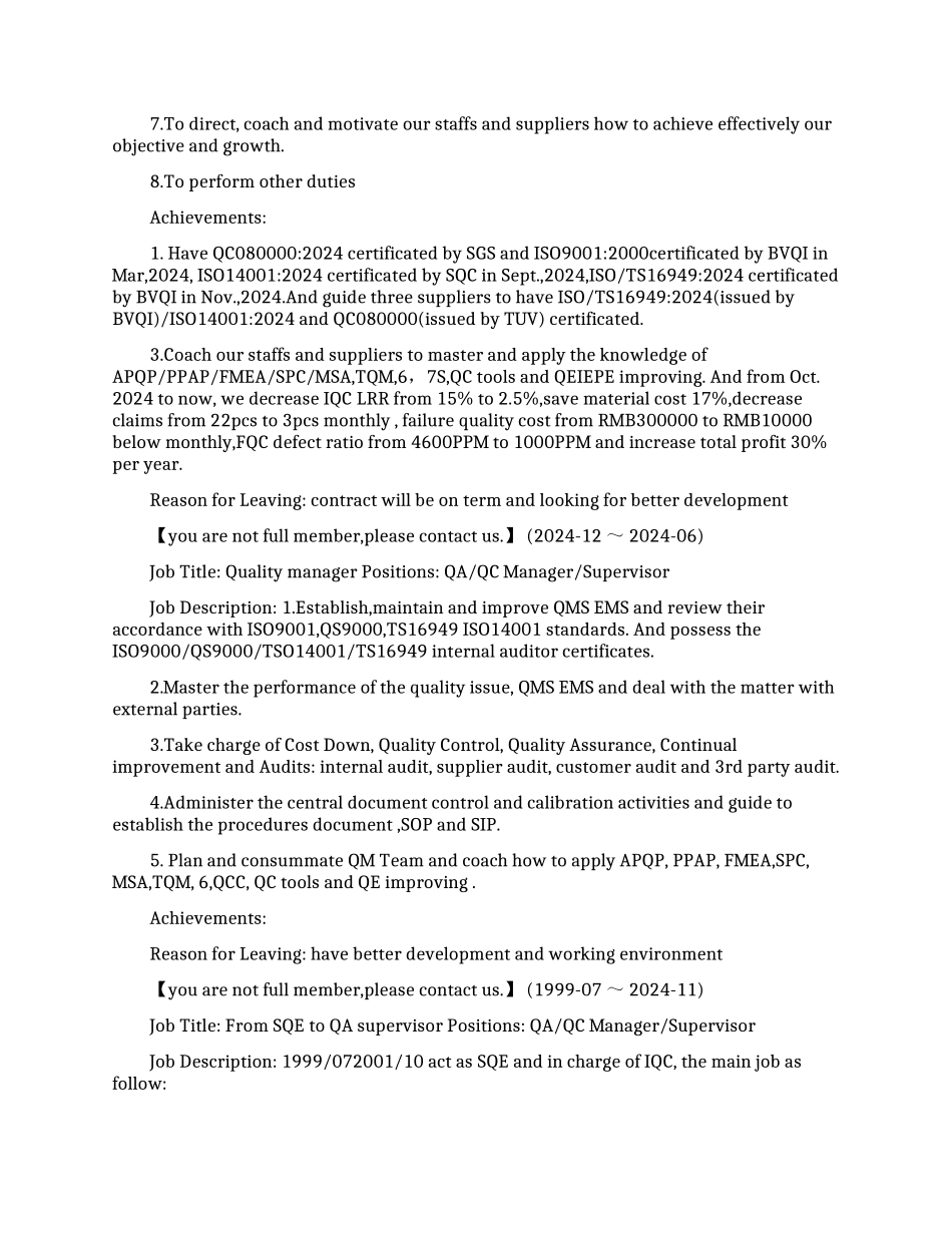 质量经理英文简历模板范文_第2页
