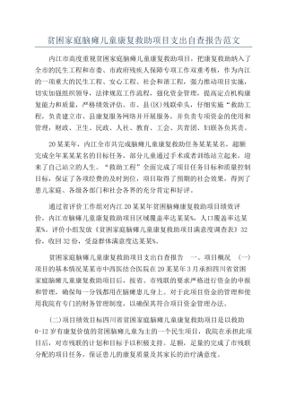 贫困家庭脑瘫儿童康复救助项目支出自查报告范文