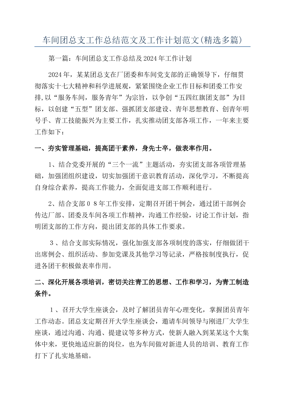 车间团总支工作总结范文及工作计划范文_第1页