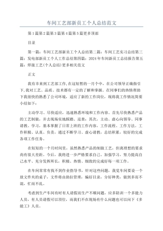 车间工艺部新员工个人总结范文