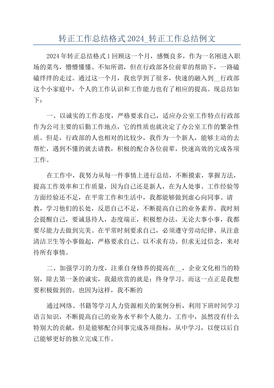 转正工作总结格式2024-转正工作总结例文_第1页
