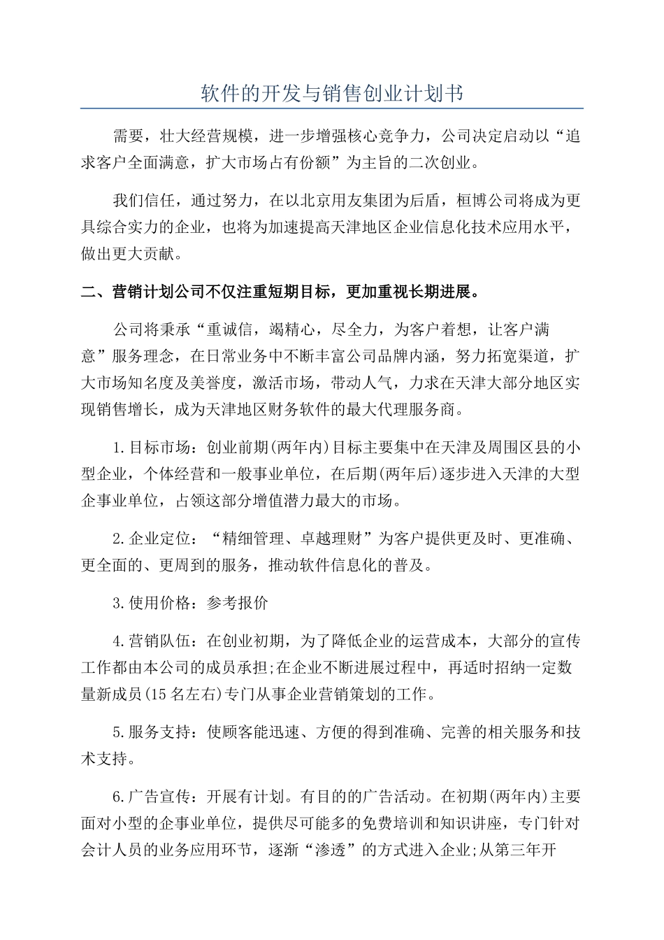 软件的开发与销售创业计划书_第1页