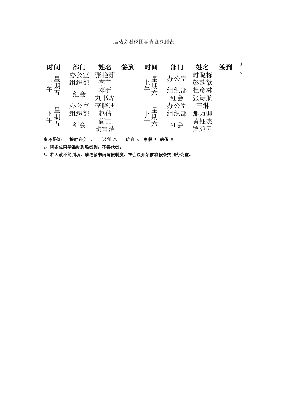 运动会财税团学值班签到表_第1页
