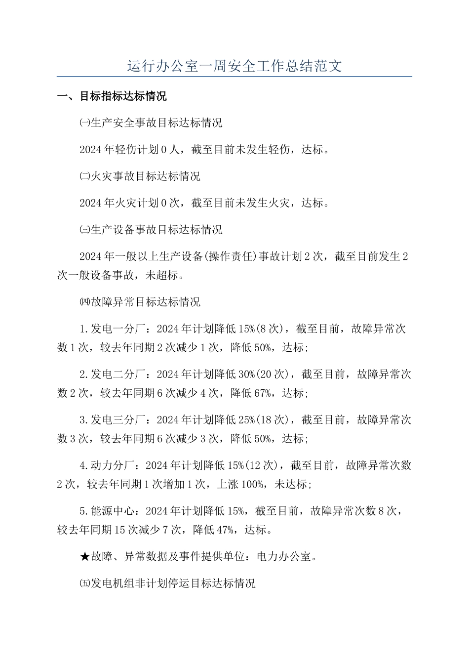 运行办公室一周安全工作总结范文_第1页